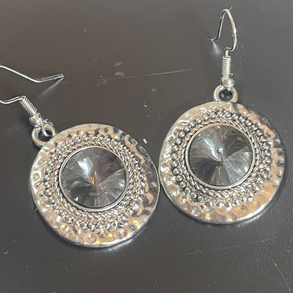 Elegant Silver Tone With Gray Gemstone Dangle Earrings